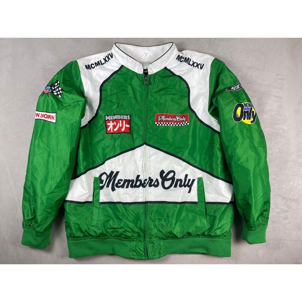 Members Only Sport Mens Green White Racing Windbreaker Jacket Large MCMLXXV